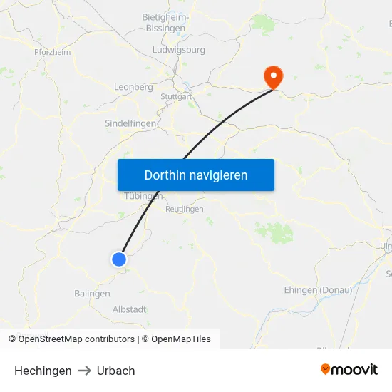 Hechingen to Urbach map