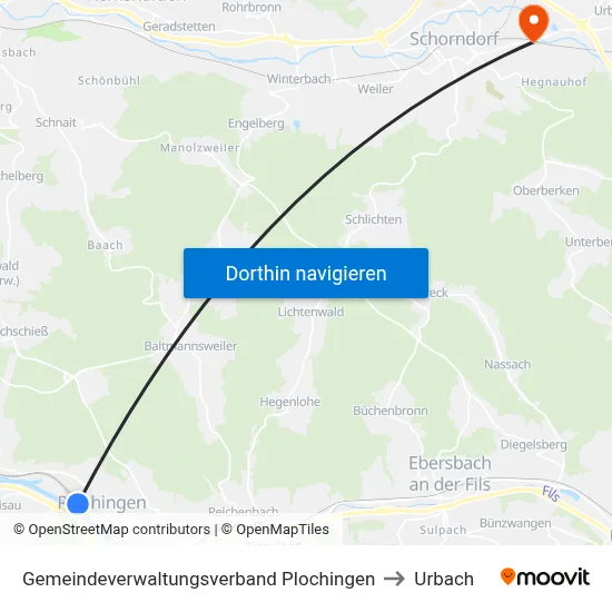 Gemeindeverwaltungsverband Plochingen to Urbach map