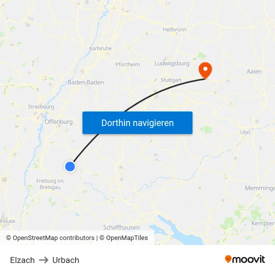 Elzach to Urbach map