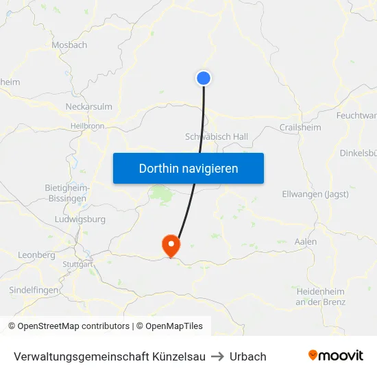 Verwaltungsgemeinschaft Künzelsau to Urbach map