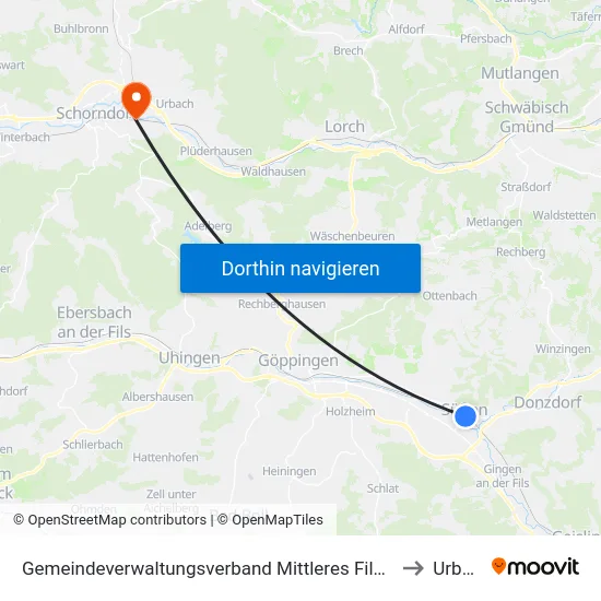 Gemeindeverwaltungsverband Mittleres Fils-Lautertal to Urbach map