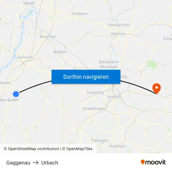 Gaggenau to Urbach map