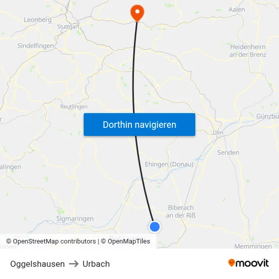 Oggelshausen to Urbach map