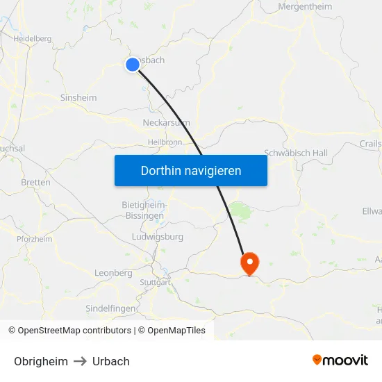 Obrigheim to Urbach map