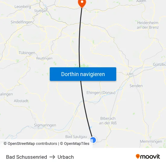 Bad Schussenried to Urbach map