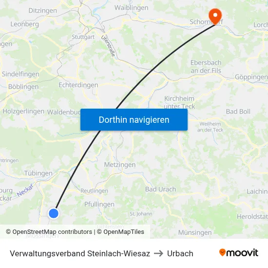 Verwaltungsverband Steinlach-Wiesaz to Urbach map