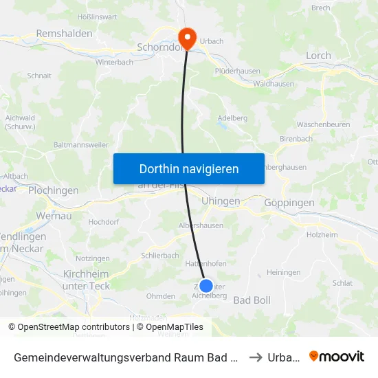 Gemeindeverwaltungsverband Raum Bad Boll to Urbach map