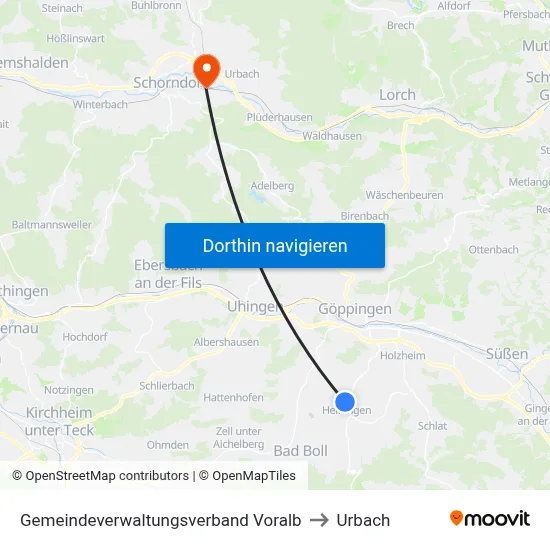 Gemeindeverwaltungsverband Voralb to Urbach map