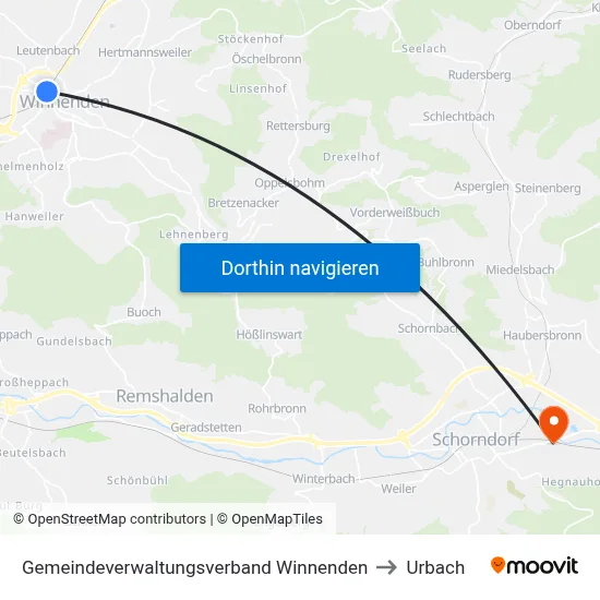Gemeindeverwaltungsverband Winnenden to Urbach map