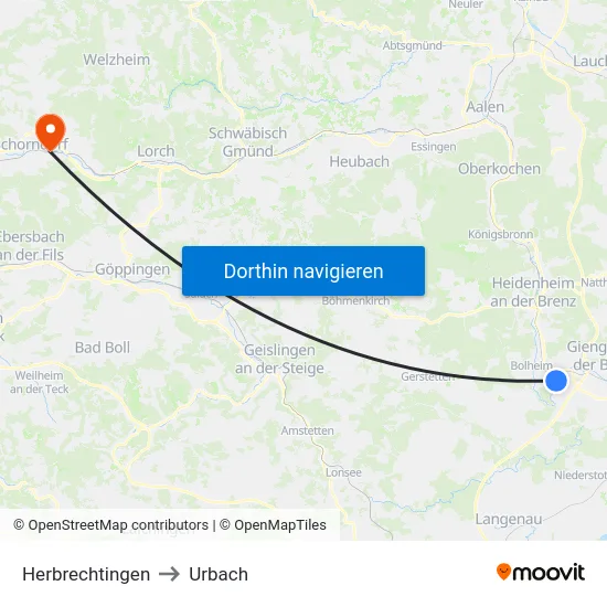 Herbrechtingen to Urbach map