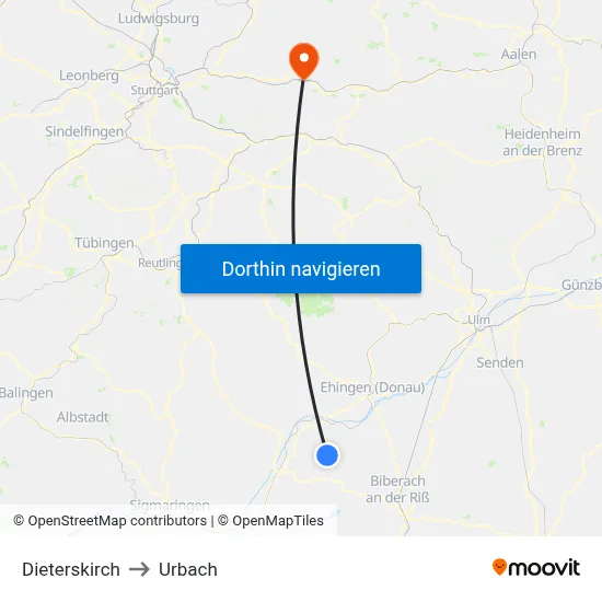 Dieterskirch to Urbach map