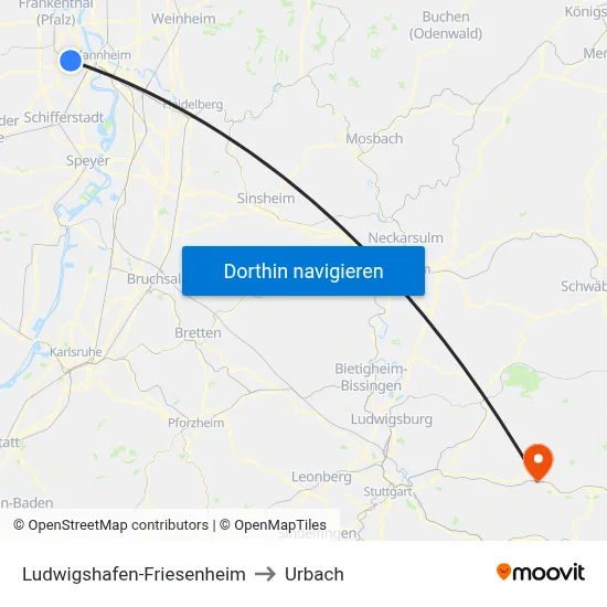 Ludwigshafen-Friesenheim to Urbach map