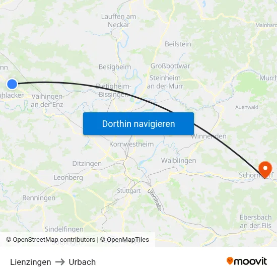 Lienzingen to Urbach map