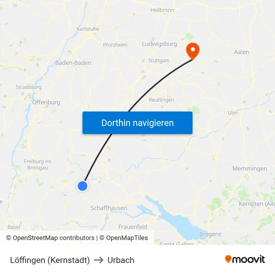 Löffingen (Kernstadt) to Urbach map