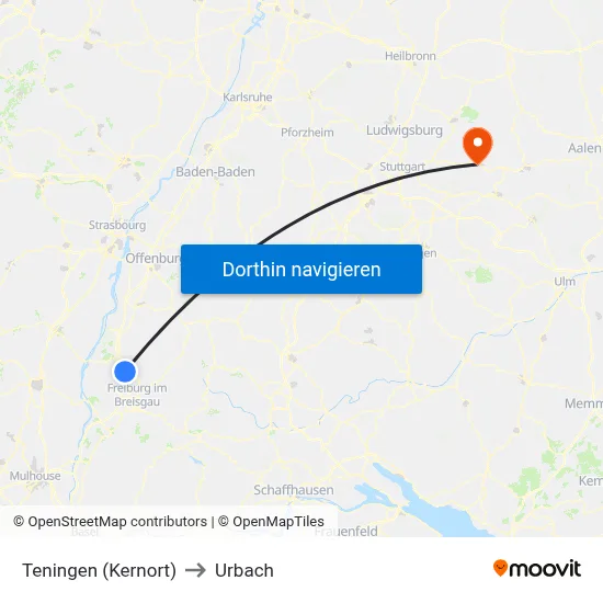 Teningen (Kernort) to Urbach map