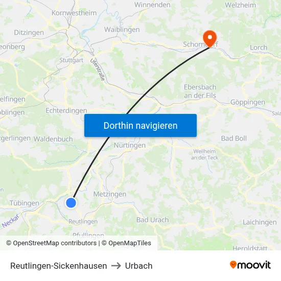Reutlingen-Sickenhausen to Urbach map