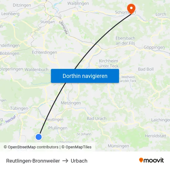 Reutlingen-Bronnweiler to Urbach map