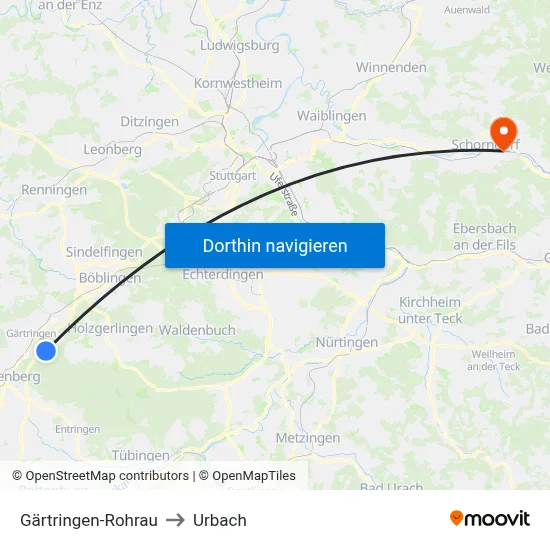 Gärtringen-Rohrau to Urbach map