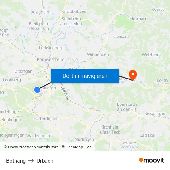 Botnang to Urbach map