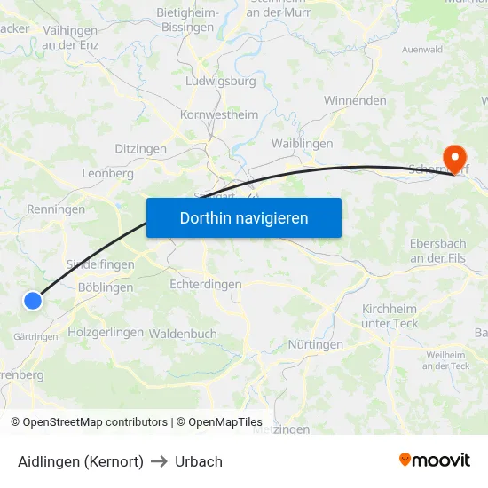 Aidlingen (Kernort) to Urbach map