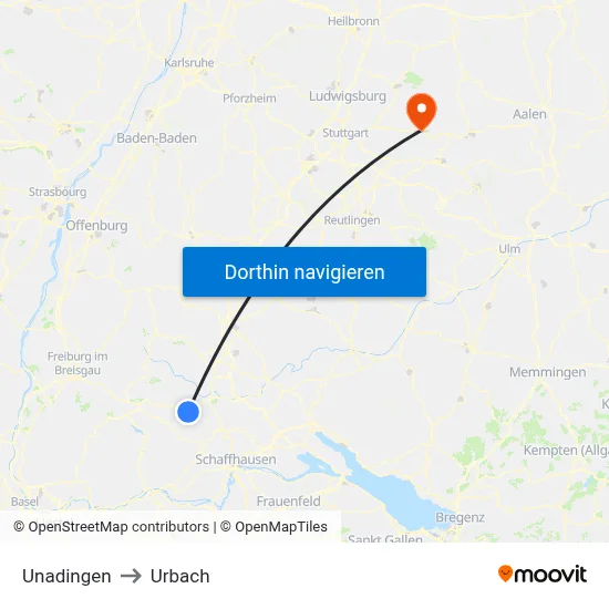 Unadingen to Urbach map