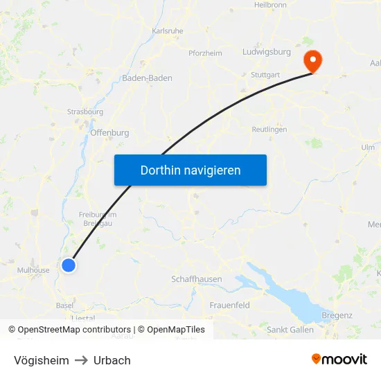 Vögisheim to Urbach map
