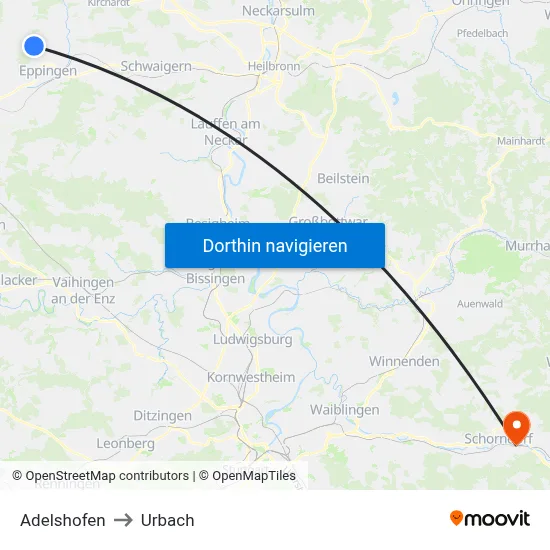 Adelshofen to Urbach map