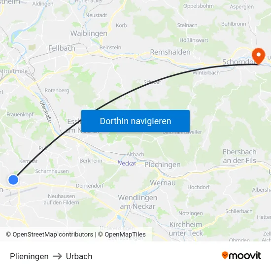 Plieningen to Urbach map