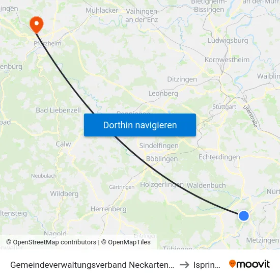 Gemeindeverwaltungsverband Neckartenzlingen to Ispringen map