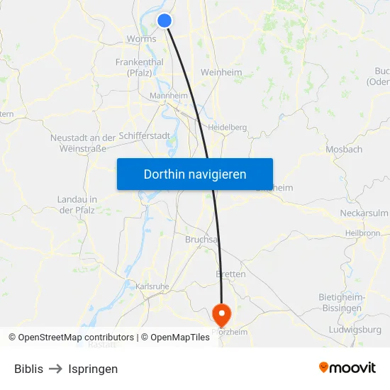 Biblis to Ispringen map