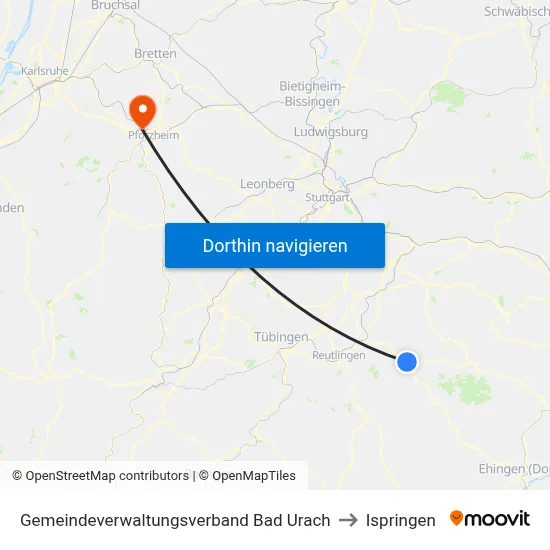 Gemeindeverwaltungsverband Bad Urach to Ispringen map