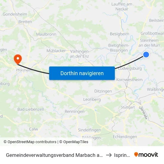 Gemeindeverwaltungsverband Marbach am Neckar to Ispringen map