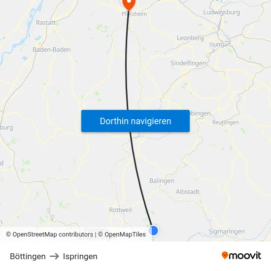 Böttingen to Ispringen map