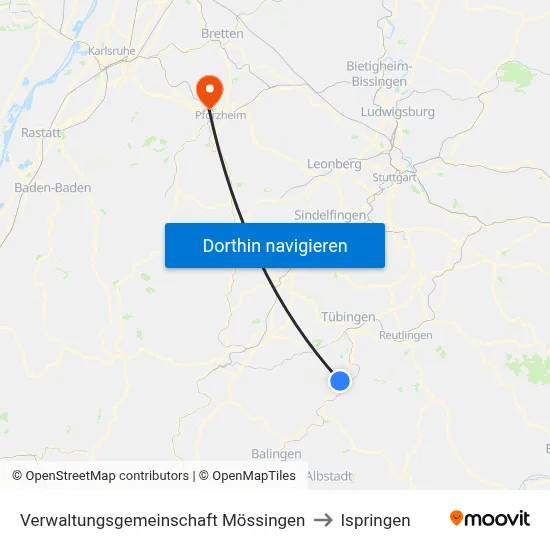 Verwaltungsgemeinschaft Mössingen to Ispringen map