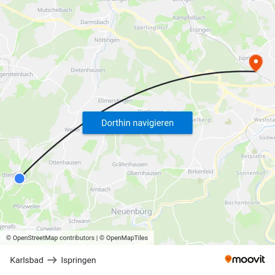 Karlsbad to Ispringen map
