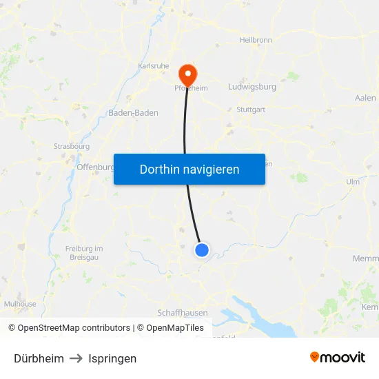 Dürbheim to Ispringen map