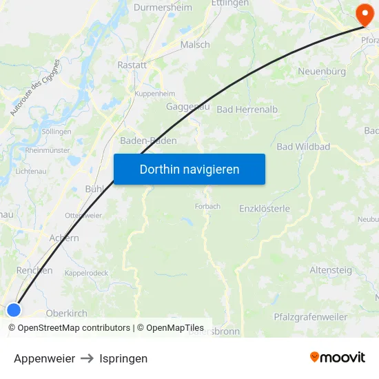 Appenweier to Ispringen map