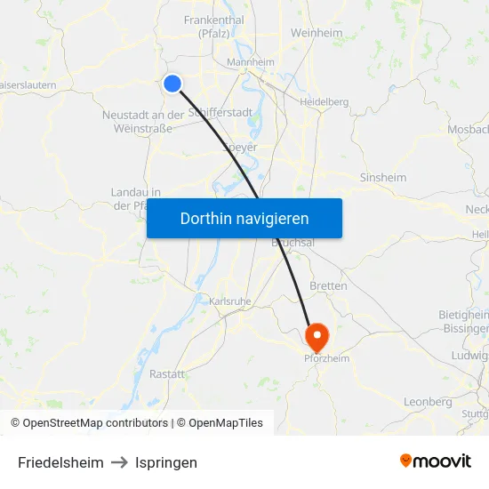 Friedelsheim to Ispringen map