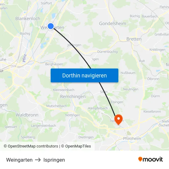 Weingarten to Ispringen map