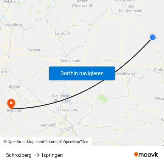 Schrozberg to Ispringen map