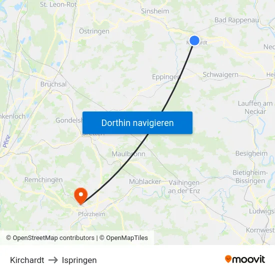 Kirchardt to Ispringen map