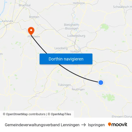 Gemeindeverwaltungsverband Lenningen to Ispringen map