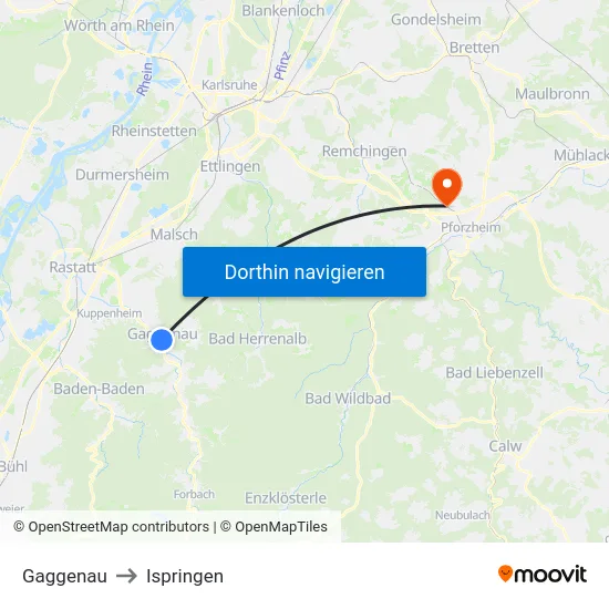 Gaggenau to Ispringen map