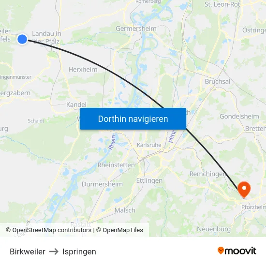 Birkweiler to Ispringen map