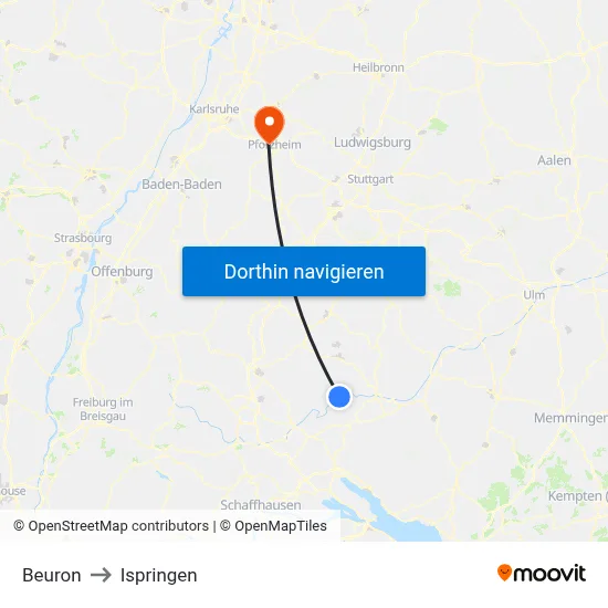 Beuron to Ispringen map