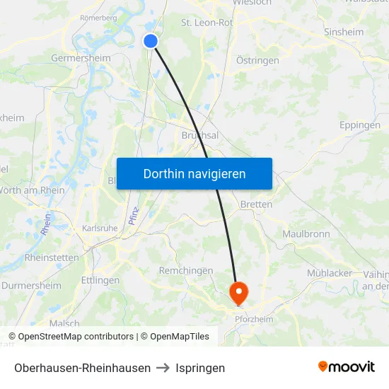 Oberhausen-Rheinhausen to Ispringen map