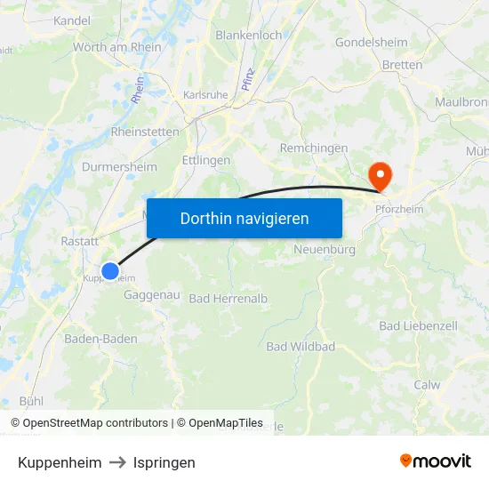 Kuppenheim to Ispringen map