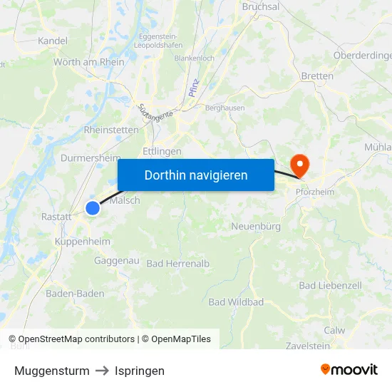 Muggensturm to Ispringen map