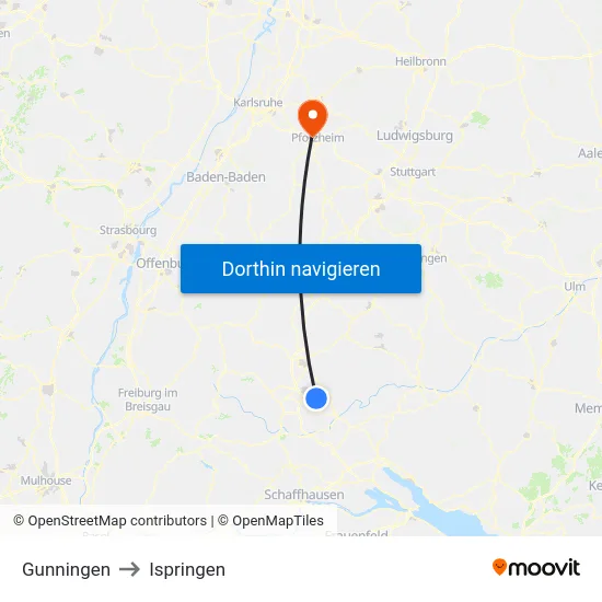 Gunningen to Ispringen map