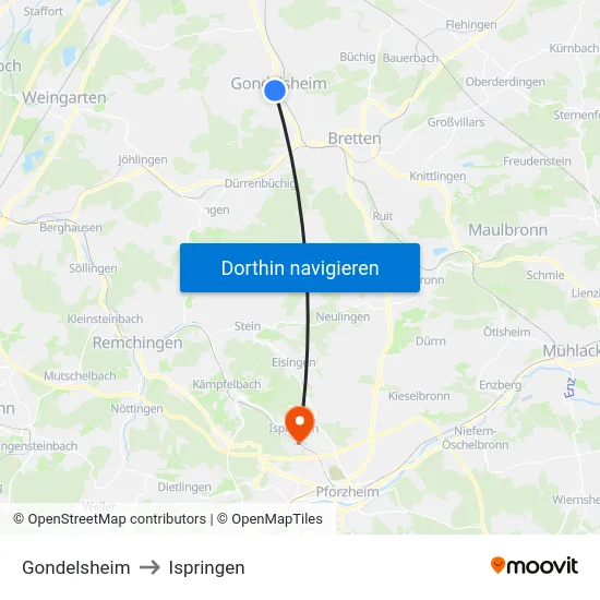 Gondelsheim to Ispringen map